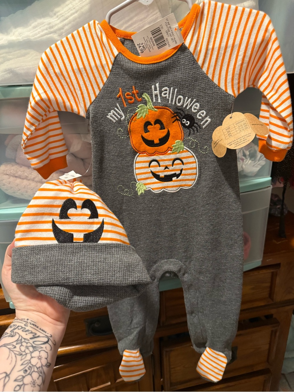 My 1st Halloween Gray & Orange Baby One-Piece with Hat